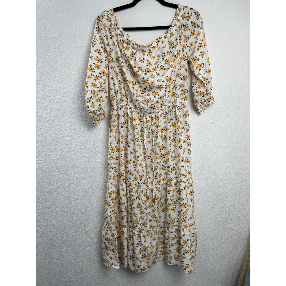 Hint of Blush‎ Yellow Flowers PEASANT Dress Size Off Shoulder Short Sleeve Sz L